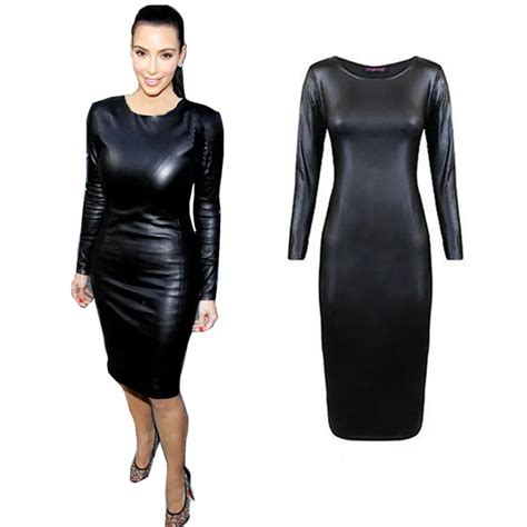 Fashion Women Bandage Dress Ladies Pu Leather Dress Long Sleeve Sexy