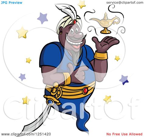 Clipart of a Black Genie Pointing to His Lamp - Royalty Free Vector ...