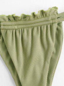 Zaful Ribbed Ruffle Loincloth Bikini Swimwear In Deep Green Zaful