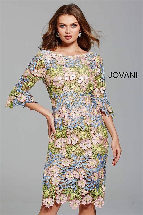 Multi Color Floral Lace Fitted Knee Length Three Quarter Sleeve Dress