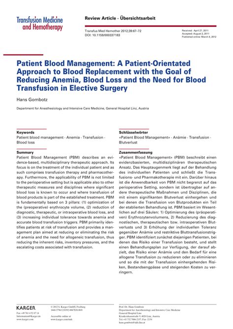 Pdf Patient Blood Management A Patient Orientated Approach To Blood