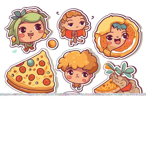 Set Stiker Karakter Kartun Lucu Yang Berbeda Untuk Pizza Vektor Atau