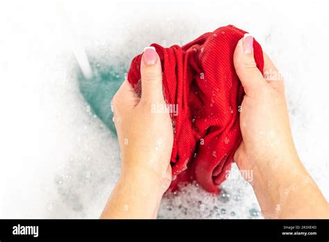 Female Hands Washing Bright Red Color Clothes Stock Photo Alamy
