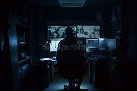 Hacker At Work View From Behind In A Dark Room Generative Ai Stock