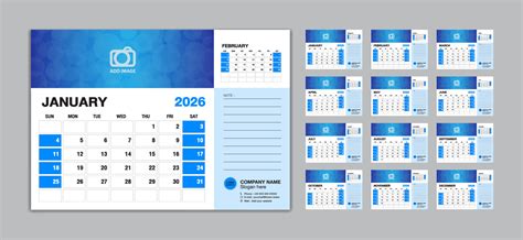 Desk Calendar Template Set Vector Week Starts Sunday Set Of