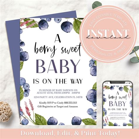 Editable A Berry Sweet Baby Is On The Way Baby Shower Invitation