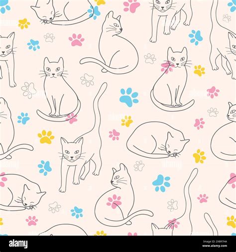 Vector Outline Cats And Colorful Paws Seamless Background Illustration