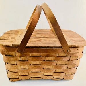 Antique Vintage Woven Slat Picnic Basket With Hinged Wood Lid Double