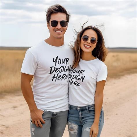 Couple In Love Matching White T Shirt Psd Mockup Outside Sunny Weather