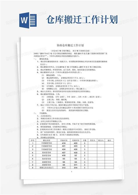 仓库搬迁工作计划 Word模板下载编号qvvxyrro熊猫办公