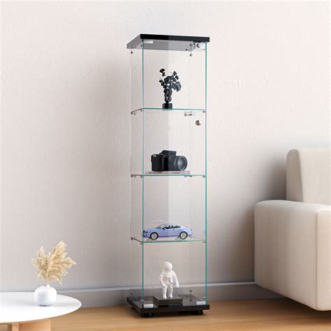 4 Shelf Glass Display Cabinet Glass Curio Cabinet Display Trophy Case Bookshelf Ebay