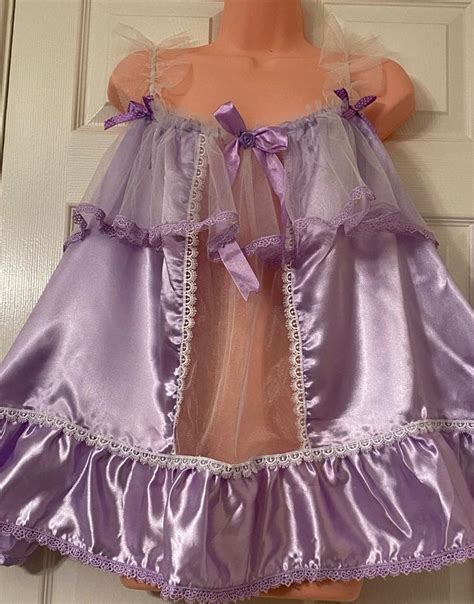 Sissy Violet Light Purple Satin Baby Doll Nighty Negligee Dress Set