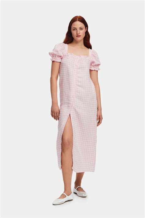 Sleeper Midi Linen Dress Brigitte In Pink Vichy