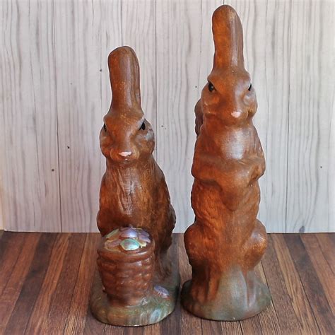 Vintage Ceramic Easter Bunny Rabbit Figurine Set Of 2 Brown Figure With