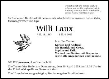 Traueranzeigen Von Willi Laux Rz Trauer De