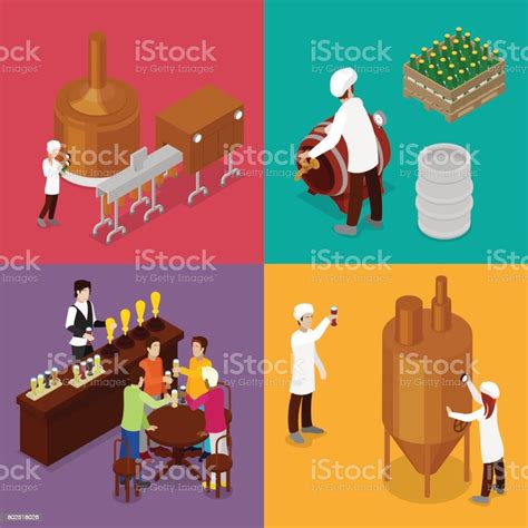 Isometric Beer Production Brewery Indoors With Workers Drinking