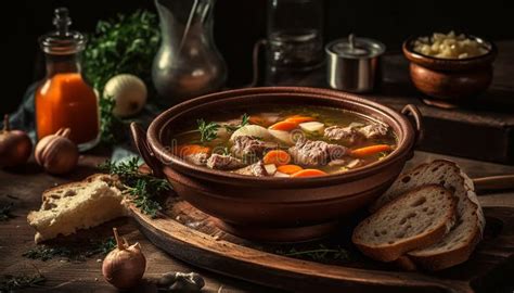 Rustic Beef Stew Cooked In Crockery Bowl Generated By Ai Stock Image