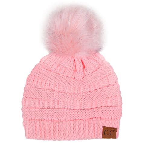 Pom Pom Beanie Hat Knit Beanie Hat Pink Faux Fur Faux Fur Pom Pom