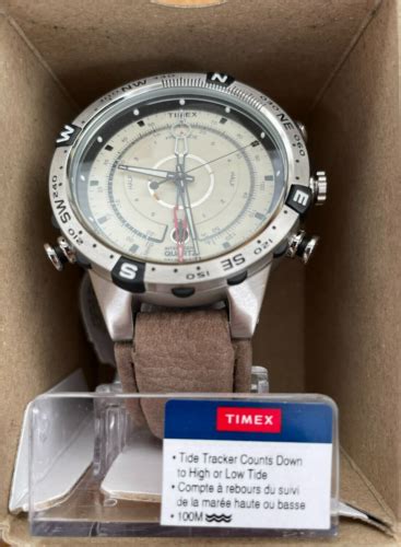 Timex T N Quartz Compass Tide Temperature Silver Case Brown