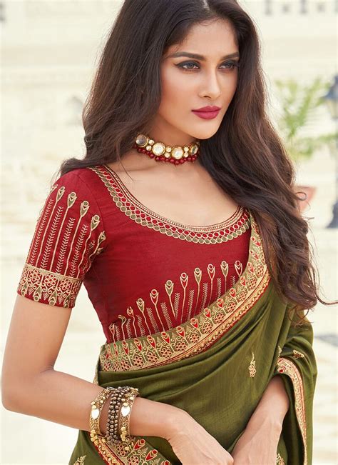 Olive And Red Embroidered Silk Saree Includes A Silk Blouse And A Silk