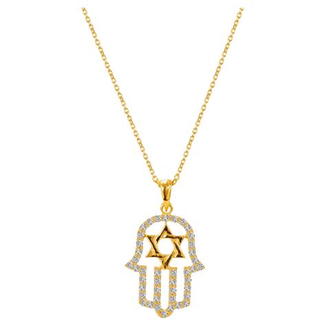 K Gold Hamsa Hand Diamond Necklace Star Of David Necklace For Sale At