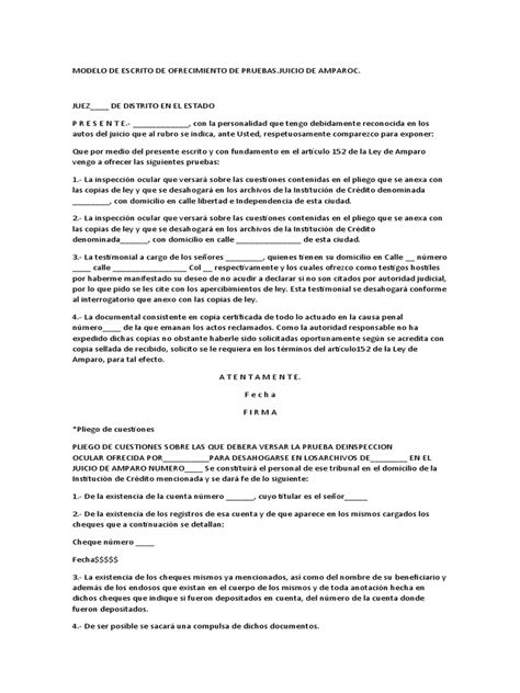 Modelo De Escrito De Ofrecimiento De Pruebas Pdf Cheque Justicia