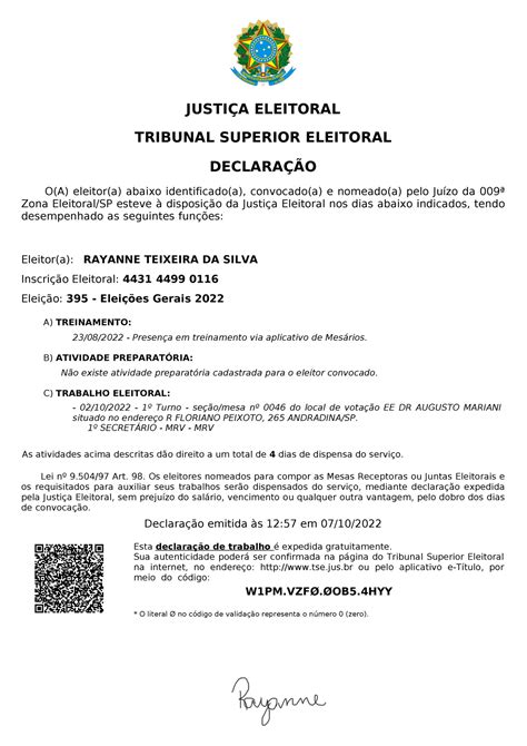 Declaracao Trabalho Mesario 443144990116 TRIBUNAL SUPERIOR ELEITORAL