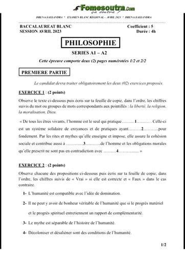 Bac blanc 2023 Philo serie A1 2 sujet barème by Tehua