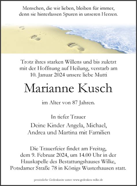 Traueranzeigen Von Marianne Kusch Trauer Anzeigen De