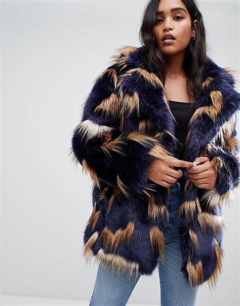 Asos Design Patched Faux Fur Coat Asos