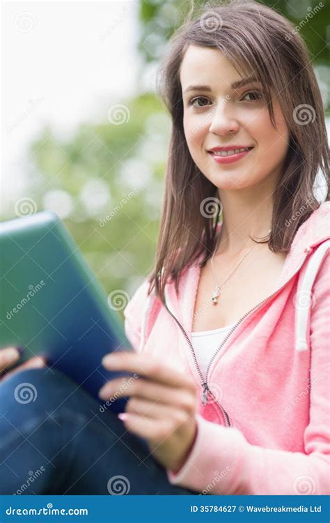 Smiling Young College Girl Using Tablet Pc Outdoors Stock Image Image Of Portrait Education