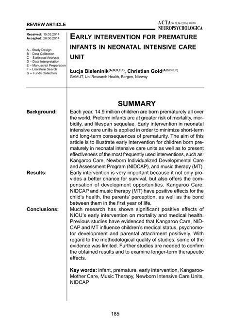 Pdf Early Intervention For Premature Infants In Neonatal Intensive