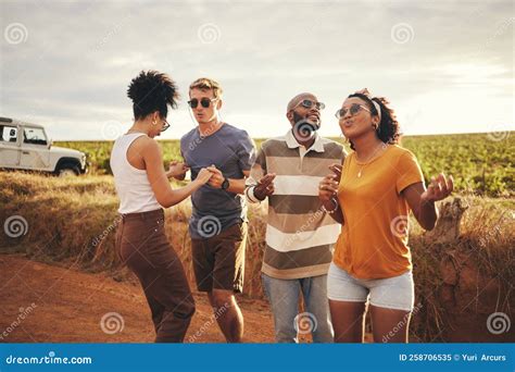 Diversity Friends And Dance Outdoor On Holiday Vacation And Relax