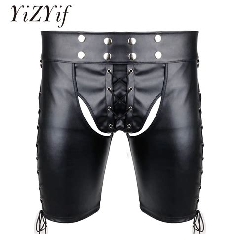 Jual Bebas Ongkir Yizyif Gay Fetish Men Underwear Faux Leather Lace Up