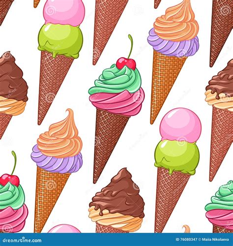 Colorful Various Ice Cream Cones Seamless Vector Pattern Stock Vector