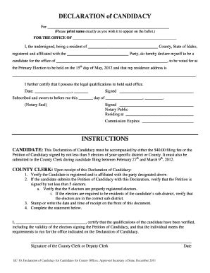 Fillable Online Sos Idaho Declaration Of Candidacy Instructions Idaho