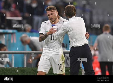 Italy S Manager Roberto Mancini Hugs Ciro Immobile During A Euro