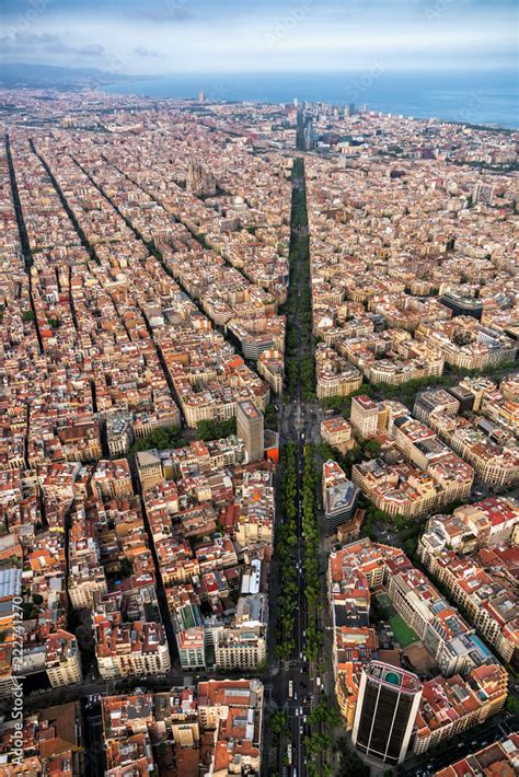 Aerial View Of Barcelona Main Street And City Skyline Spain Stock