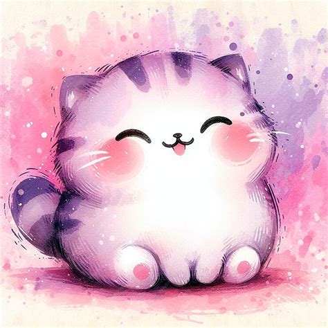 Premium Photo Cute Pink Cartoon Cat On Watercolor Background Hand