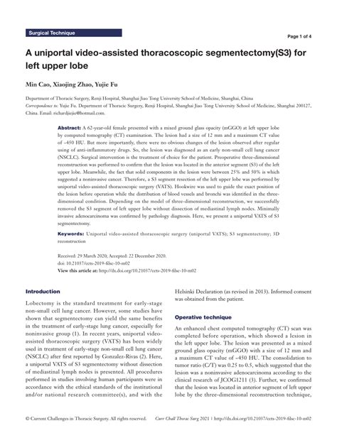 PDF A Uniportal Video Assisted Thoracoscopic Segmentectomy S3 For