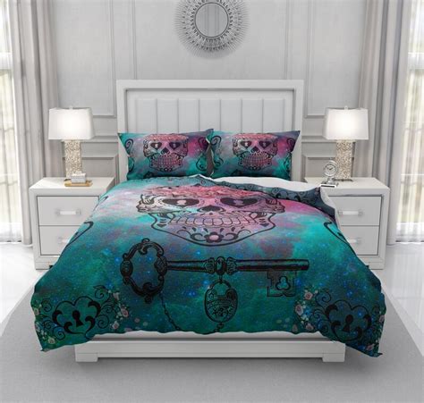 Skull Bedding Sugar Skull Comforter Duvet Cover Teal and | Etsy