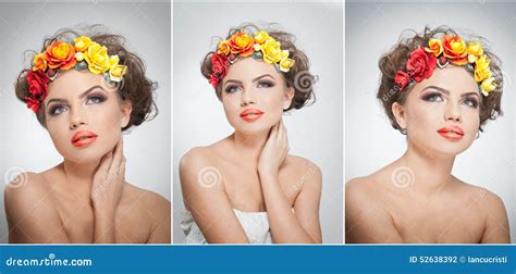 Ritratto Di Bella Ragazza In Studio Con Giallo E Le Rose Rosse Nei Suoi Capelli E Spalle Nude