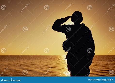 Silueta De Los Saludos Del Soldado En El Fondo Del Atardecer Foto De