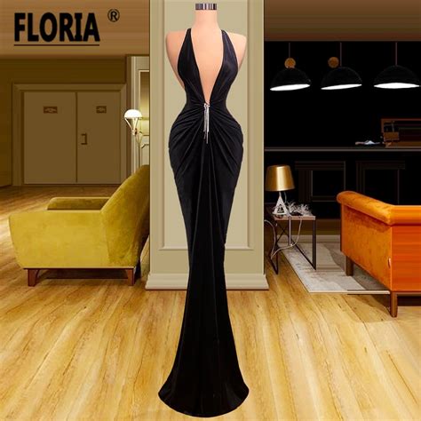 Sexy Black Mermaid Prom Dresses Custom Made Halter Deep V Neck