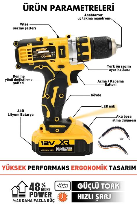 ASSUR 12v 2 0ah Şarjlı Matkap Metal Şanzıman Bakır Sargılı Çift Akülü