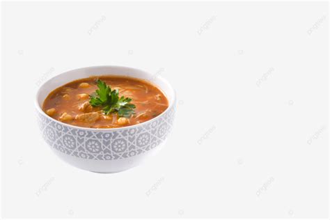 Traditional Moroccan Harira Soup Served In A Bowl On A White