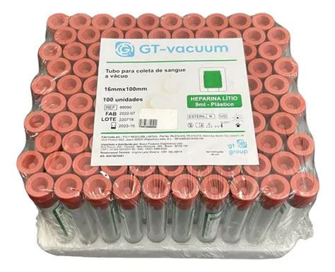 Tubo Vacuo Coleta Sangue Heparina Litio 9ml 100uni 16x10mm