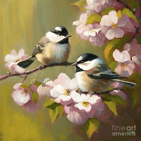 Two Chickadees Sitting On A Blossom Tree Digital Art By Lauras