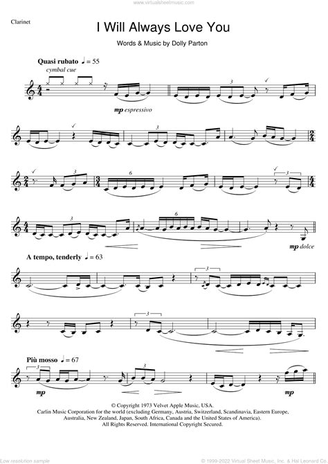 Houston I Will Always Love You Sheet Music For Clarinet Solo