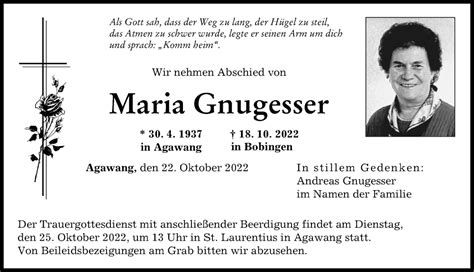 Traueranzeigen Von Maria Gnugesser Augsburger Allgemeine Zeitung